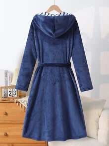 Teen Boys Pajamas, Navy Blue Fleece Embroidered Badge Open Front Waist Tie Long Sleeve Hooded Robe, Fleece-Lined And Thickened Autumn/Winter - Navy Blue - View 2