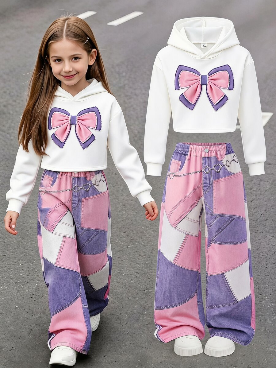 SHEIN Girls (Big) Casual All-Match Versatile Daily Fun Graffiti Pattern Hooded Short Sweatshirt + Denim Look Graffiti Loose Long Pants Set - Multicolor - View 1