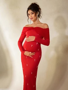 Cheriluna Maternity Maternity Photoshoot Dress, Long Sleeve Off Shoulder Fitted Dress With Layered Mesh, Bowknot And Pearl Decor - Red - View 5