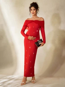 Cheriluna Maternity Maternity Photoshoot Dress, Long Sleeve Off Shoulder Fitted Dress With Layered Mesh, Bowknot And Pearl Decor - Red - View 7