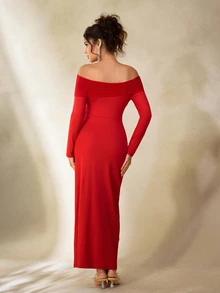 Cheriluna Maternity Maternity Photoshoot Dress, Long Sleeve Off Shoulder Fitted Dress With Layered Mesh, Bowknot And Pearl Decor - Red - View 3