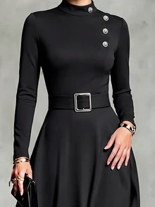 Balvessa Autumn/Winter Women's High Neck Asymmetrical Black Slim Fit Long Sleeve Square Buckle Belt Waist Flared Drape Dress Office Dinner Elegant - Black - View 4