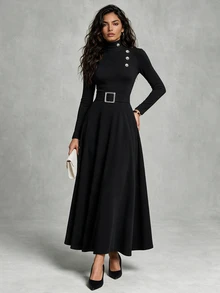 Balvessa Autumn/Winter Women's High Neck Asymmetrical Black Slim Fit Long Sleeve Square Buckle Belt Waist Flared Drape Dress Office Dinner Elegant - Black - View 5