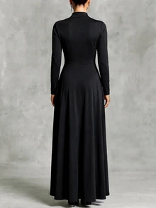 Balvessa Autumn/Winter Women's High Neck Asymmetrical Black Slim Fit Long Sleeve Square Buckle Belt Waist Flared Drape Dress Office Dinner Elegant - Black - View 2