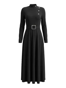 Balvessa Autumn/Winter Women's High Neck Asymmetrical Black Slim Fit Long Sleeve Square Buckle Belt Waist Flared Drape Dress Office Dinner Elegant - Black - View 6