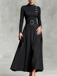 Balvessa Autumn/Winter Women's High Neck Asymmetrical Black Slim Fit Long Sleeve Square Buckle Belt Waist Flared Drape Dress Office Dinner Elegant - Black - View 3