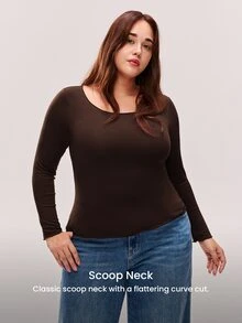 LUVLETTE Plus Size  Soft Women's Basic Brown Crew Neck Long-Sleeve Base Layer Top Max Stretch Thermal-Balance Base Layer Long-Sleeve Top Lingerie As Outerwear - Coffee Brown - View 8