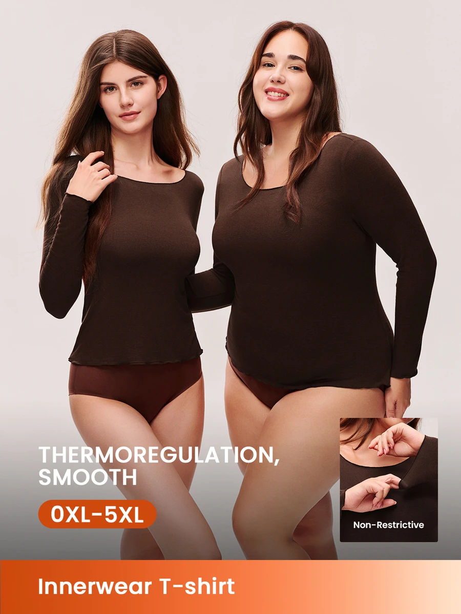 LUVLETTE Plus Size Soft Women's Basic Brown Crew Neck Long-Sleeve Base Layer Top Max Stretch Thermal-Balance Base Layer Long-Sleeve Top Lingerie As Outerwear - Coffee Brown - View 1