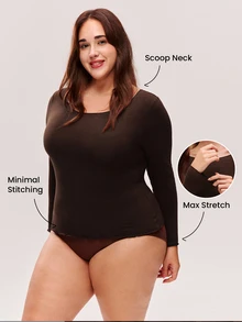 LUVLETTE Plus Size  Soft Women's Basic Brown Crew Neck Long-Sleeve Base Layer Top Max Stretch Thermal-Balance Base Layer Long-Sleeve Top Lingerie As Outerwear - Coffee Brown - View 2