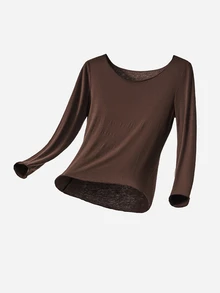 LUVLETTE Plus Size  Soft Women's Basic Brown Crew Neck Long-Sleeve Base Layer Top Max Stretch Thermal-Balance Base Layer Long-Sleeve Top Lingerie As Outerwear - Coffee Brown - View 11