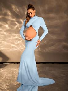 Cheriluna Maternity 孕婦純色高領長袖鏤空設計孕婦洋裝 拍照用 嬰兒藍 冬季 優雅 - 淺藍色 - 查看 5
