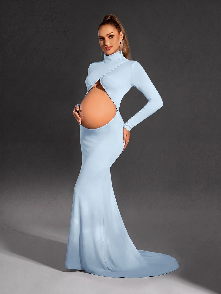 Cheriluna Maternity 孕婦純色高領長袖鏤空設計孕婦洋裝 拍照用 嬰兒藍 冬季 優雅 - 淺藍色 - 查看 1