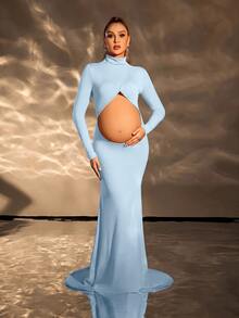 Cheriluna Maternity 孕婦純色高領長袖鏤空設計孕婦洋裝 拍照用 嬰兒藍 冬季 優雅 - 淺藍色 - 查看 7