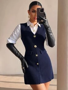 Xyvia 1pc Gold Button Front Vest Cardigan - Royal Blue - View 4