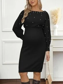 Cheriluna Maternity Pearl Decor Casual Comfortable Long Sleeve Maternity Sweater Dress - Black - View 5