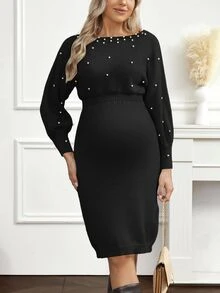 Cheriluna Maternity Pearl Decor Casual Comfortable Long Sleeve Maternity Sweater Dress - Black - View 7