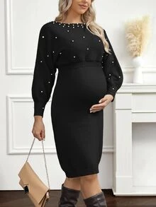 Cheriluna Maternity Pearl Decor Casual Comfortable Long Sleeve Maternity Sweater Dress - Black - View 2