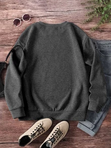 INAWLY Plus Size Women Letter Print Crew Neck Long Sleeve Casual Sweatshirt, Autumn/Winter Fall Cloth For Women - Dark Grey - View 2