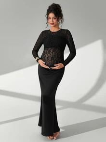 Cheriluna Maternity Solid Color Lace Long Sleeve Maxi Dress With Ruffle Mermaid Hem, Maternity Photoshoot Outfit - Black - View 8