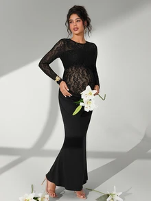 Cheriluna Maternity Solid Color Lace Long Sleeve Maxi Dress With Ruffle Mermaid Hem, Maternity Photoshoot Outfit - Black - View 2