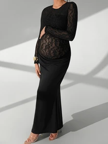 Cheriluna Maternity Solid Color Lace Long Sleeve Maxi Dress With Ruffle Mermaid Hem, Maternity Photoshoot Outfit - Black - View 5