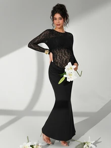 Cheriluna Maternity Solid Color Lace Long Sleeve Maxi Dress With Ruffle Mermaid Hem, Maternity Photoshoot Outfit - Black - View 7