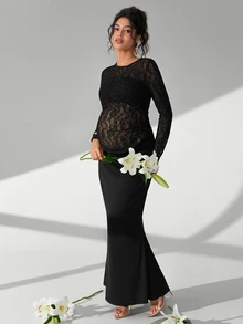 Cheriluna Maternity Solid Color Lace Long Sleeve Maxi Dress With Ruffle Mermaid Hem, Maternity Photoshoot Outfit - Black - View 6
