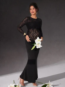 Cheriluna Maternity Solid Color Lace Long Sleeve Maxi Dress With Ruffle Mermaid Hem, Maternity Photoshoot Outfit - Black - View 1