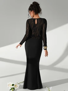 Cheriluna Maternity Solid Color Lace Long Sleeve Maxi Dress With Ruffle Mermaid Hem, Maternity Photoshoot Outfit - Black - View 3