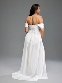 Cheriluna Maternity Pregnant Women Solid Color Off Shoulder High Slit Maternity Dress, For Photoshoot - White - View 3
