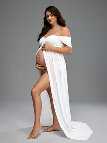 Cheriluna Maternity Pregnant Women Solid Color Off Shoulder High Slit Maternity Dress, For Photoshoot - White - View 4