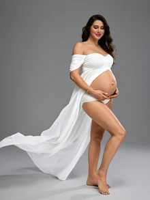 Cheriluna Maternity Pregnant Women Solid Color Off Shoulder High Slit Maternity Dress, For Photoshoot - White - View 5