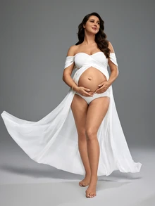 Cheriluna Maternity Pregnant Women Solid Color Off Shoulder High Slit Maternity Dress, For Photoshoot - White - View 6