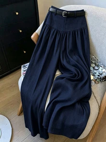 Elenzga French Style Draped Wide Leg Pants, Slimming Textured Navy Blue Elegant Commute Casual Women's Long Pants - Navy Blue - View 7