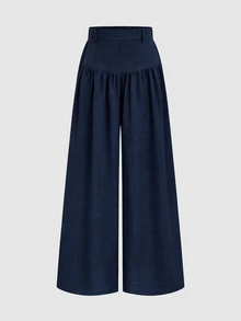 Elenzga French Style Draped Wide Leg Pants, Slimming Textured Navy Blue Elegant Commute Casual Women's Long Pants - Navy Blue - View 3