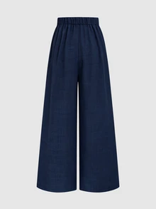 Elenzga French Style Draped Wide Leg Pants, Slimming Textured Navy Blue Elegant Commute Casual Women's Long Pants - Navy Blue - View 4