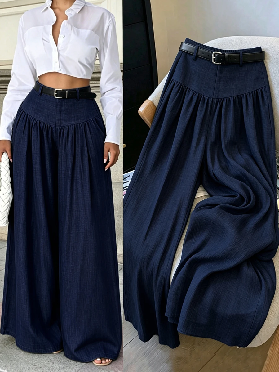 Elenzga French Style Draped Wide Leg Pants, Slimming Textured Navy Blue Elegant Commute Casual Women's Long Pants - Navy Blue - View 1