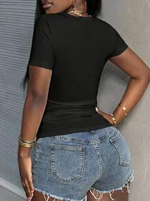 Slaydiva Plus Size Women Solid Color Ruched Slim Fit Versatile Casual Short Sleeve T-Shirt - Black - View 2