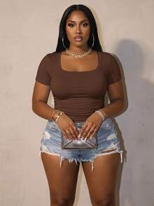 Slaydiva Plus Size Women Summer Casual Commuting Simple Solid Color Square Neck Short Sleeve Pleated Fitted T-Shirt - Brown - View 1