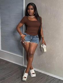 Slaydiva Plus Size Women Summer Casual Commuting Simple Solid Color Square Neck Short Sleeve Pleated Fitted T-Shirt - Brown - View 7