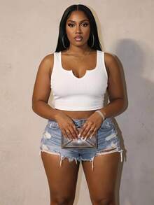Slaydiva Plus Size Solid Color Notch Neck Fitted Tank Top, Casual Baggy Soft Minimalist Suitable For Summer Gym Formal Allover White Vacation - White - View 2