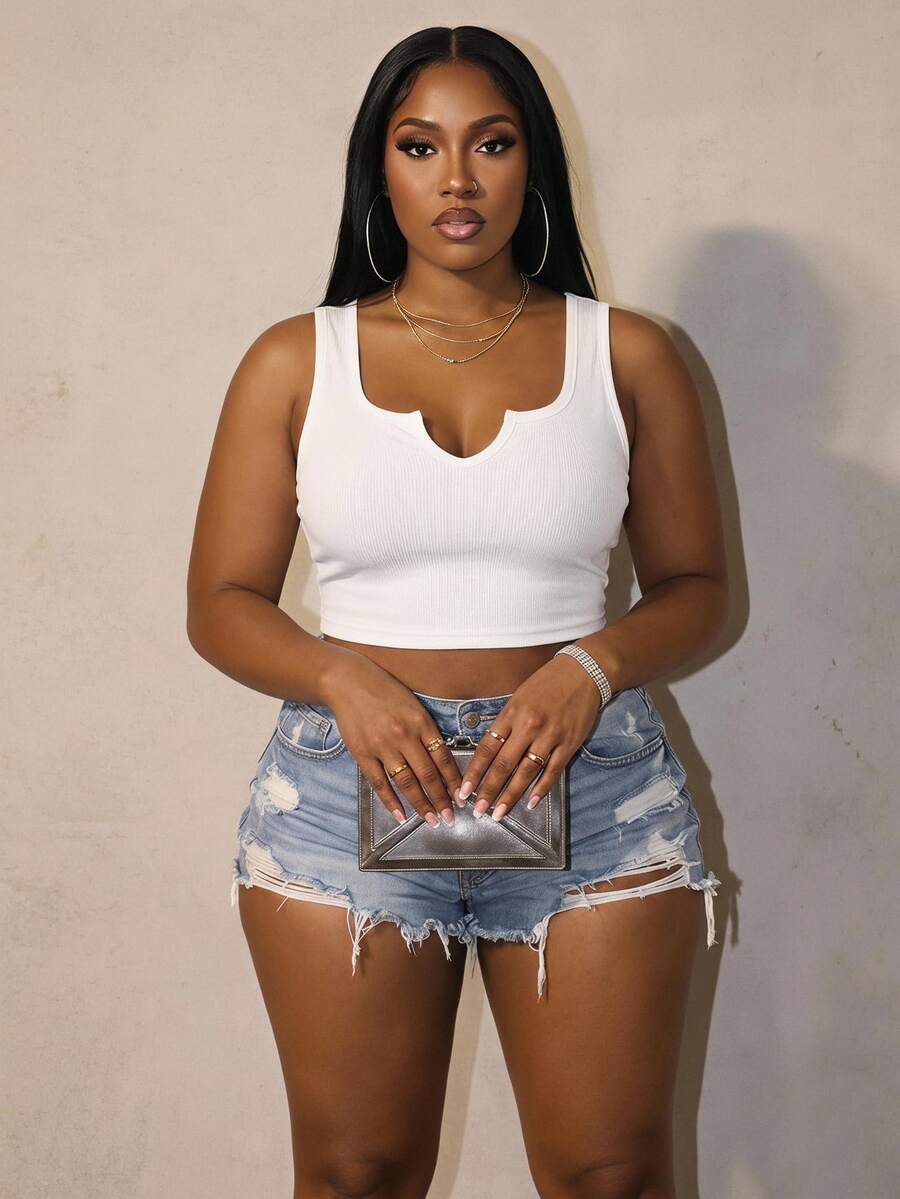 Slaydiva Plus Size Solid Color Notch Neck Fitted Tank Top, Casual Baggy Soft Minimalist Suitable For Summer Gym Formal Allover White Vacation