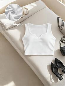 Slaydiva Plus Size Solid Color Notch Neck Fitted Tank Top, Casual Baggy Soft Minimalist Suitable For Summer Gym Formal Allover White Vacation - White - View 7