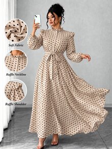 Elenzga Plus Size Stand Collar Long Sleeve Casual Dress Fall - Apricot - View 3