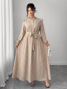 Elenzga Plus Size Stand Collar Long Sleeve Casual Dress Fall - Apricot - View 6