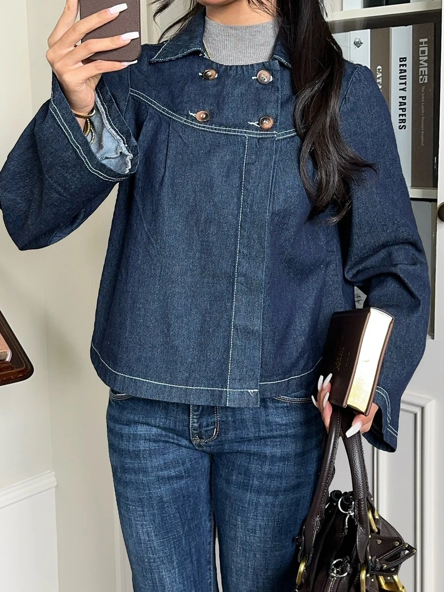 Rivivi Women's Fashion Peter Collar Multi-Button Decor Washed Denim Jacket - Dark Wash - View 1