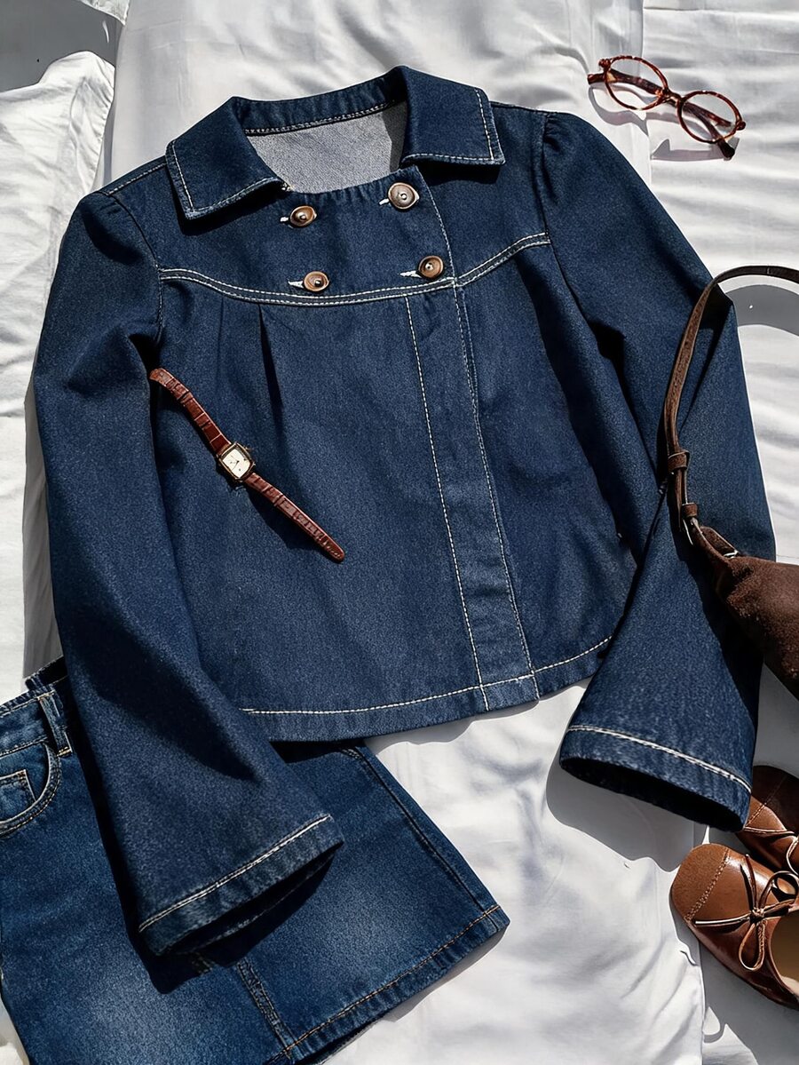 Rivivi Jaket Denim Washed dengan Kerah Peter dan Dekorasi Kancing Ganda untuk Wanita - Dark Wash - View 1