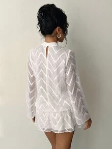 Flora Isola Flora Isola Women's Spring Summer Autumn Date Party Gathering Ball Jacquard Stand Collar Flared Sleeve Balloon Dress - White - View 4
