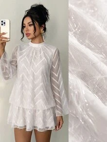 Flora Isola Flora Isola Women's Spring Summer Autumn Date Party Gathering Ball Jacquard Stand Collar Flared Sleeve Balloon Dress - White - View 5