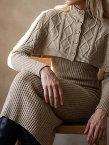 Elenzga 女款秋冬復古小立領披肩式層次感針織洋裝 - 駝色 - 查看 4